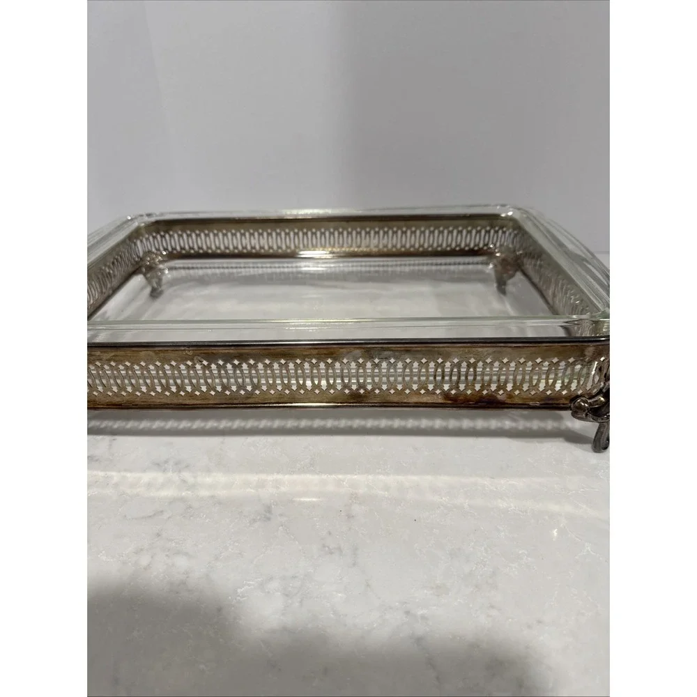 Vntg Godlinger Silver Plate Footed Dish Casserole Server Glass Liner 18x10 inch